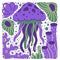 Jellyfish hand drawn illustration. Square cartoon poster of violet ocean animal, sea plants, coral, shell. Stylized sea jelly.