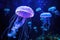 jellyfish illuminated by lights in an aquarium tank