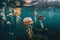 jellyfish in the open ocean, swimming alongside other marine life