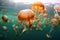 jellyfish in the open ocean, swimming alongside other marine life