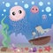 Jellyfish, shells and starfish. Cartoon sea inhabitants. Underwater world.