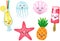 Jellyfish, starfish, shell toy set with tropical sweets. Cute cartoon kawaii funny baby character