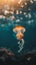 Jellyfish swimming in the ocean with a bokeh light background