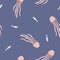 Jellyfishes and fishes, seamless pattern. Endless marine background, cute sea medusa character floating in ocean water