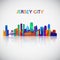 Jersey City skyline silhouette in colorful geometric style.