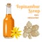 Jerusalem artichoke Syrup in glass bottle. Natural sweetener with Topinambur tubers and yellow flower.
