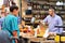 JERUSALEM, ISRAEL - APRIL 2017: Market sketch, Israeli trade, seller and buyer in Israely Market Mahane Yehuda, Jerusalem