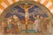 JERUSALEM, ISRAEL: The Crucifixion. Mosaic in Evangelical Lutheran Church of Ascension designed by H. Schaper and F. Pfannschmidt