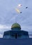 Jerusalem, Israel: view of the Dome of the Rock and the iron dome. Drones flying at night.