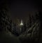 Jested lookout tower in night, transmitters, Liberec, Bohemia, Czech Republic, dramatic winter landscape and forest