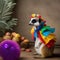 A jester meerkat in a colorful, ruffled costume, juggling tiny jester balls1