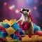 A jester meerkat in a colorful, ruffled costume, juggling tiny jester balls2