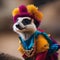 A jester meerkat in a colorful, ruffled costume, juggling tiny jester balls4