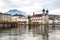 Jesuit Church in Lucerne, and the covered wooden bridge. Lucerne, Switzerland