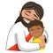 Jesus cartoon gives hug to a child or kid isolated vector illustration eps. Love christian concept