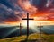 Jesus Christ cross. Easter holiday concept, dramatic light behind three crosses. Christian background, resurrection