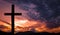 Jesus Christ cross, wooden crucifix on a heavenly background with dramatic light and clouds and colorful orange sunset