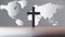 Jesus christ cross on wooden table with world map blur background. Idea of mission evangelism and gospel on world. Copy space for