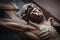 Jesus Christ crucified. Close up an ancient wooden statue. Horizontal image