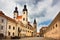 Jesus church in old european city Telc, Czech republic. Europe architecture. Medieval architecture.