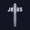 JESUS. Creative emblem. Stylized text in the shape of a crucifix. Realistic shiny metal emblem on black background