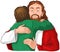 Jesus hugging child image. Vector cartoon christian illustration isolated on white. Also available black and white version