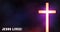 Jesus Lives cyberpunk web banner. Christian cinematic background with glowing cross