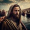 Jesus by the Sea of Galilee. AI Generative.