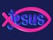 Jesus text, handwritten sign with Fish symbol blue background. H