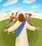 Jesus waits for children with open arms, children run to him with joy and happiness