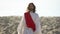 Jesus walking to people, preaching Christian faith in desert, soul salvation