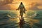 Jesus walking on the water. This artwork portrays the miraculous event from biblical narratives, conveying a sense of divine power