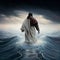 Jesus walking on water, Sea of Galilee, miracle of the bible, christianity and religion belief, generative AI
