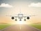 Jet aeroplane on runway. Aircraft takeoff from civil airline to blue sky realistic vector background illustrations