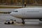 Jet aircraft docked plane at the airport on loading