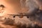 Jet Airliner flying through beautiful and dramatic sunset stormy and cloudy sky