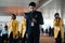 Jet Airways team of pilot and stewardesses going to flight. India, Indira Gandi Delhi Airport - 7 february 2018.