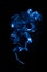 Jet of blue smoke isolated on black background. Swirls of smoke from vape or cigarette, vertical design