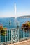 The Jet d`Eau water jet fountain in the bay of Geneva, Switzerland