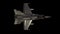 Jet Fighter. Military aircraft on black background. Top view. Realistic 3d animation. Alpha channel included