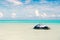 Jet ski on turquoise sea water in Antigua. Water transport, sport, activity. Speed, extreme, adrenaline. Summer vacation