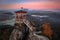 Jetrichovice, Czech Republic - Aerial view of Mariina Vyhlidka lookout with foggy Czech autumn landscape