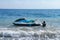 Jetski floating on blue sea water. Strong power watercraft is waiting customers