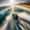 Jetski rider surfs the waves near coastline