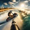 Jetski rider surfs the waves near coastline