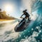 Jetski rider surfs the waves near coastline