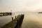 Jetty on Ammersee, foggy day, landscape, blue sky