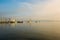 Jetty on Ammersee, foggy day, landscape, blue sky