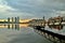 Jetty at lakeside with colorful sunrise. Pullman, Putrajaya, Malaysia