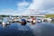 Jetty for motor boats in the border of Stroms vattudal, an extensive water system in Swedish Jamtland. The Stromsund bridge is at